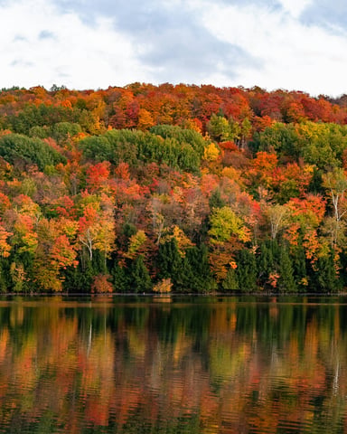 Vivid autumn foliage in red, orange, and gold reflected perfectly in a still New England lake under a cloudy sky