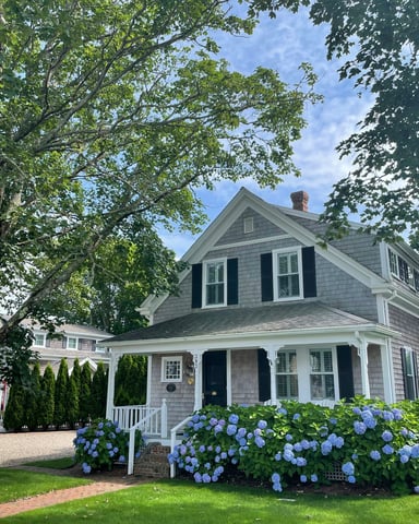 Classic Cape Cod shingle house with blue hydrangeas and mature trees on a sunny summer day
