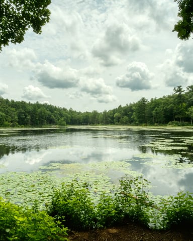 Calm New England lake framed by lush summer greenery with cloud reflections on the water