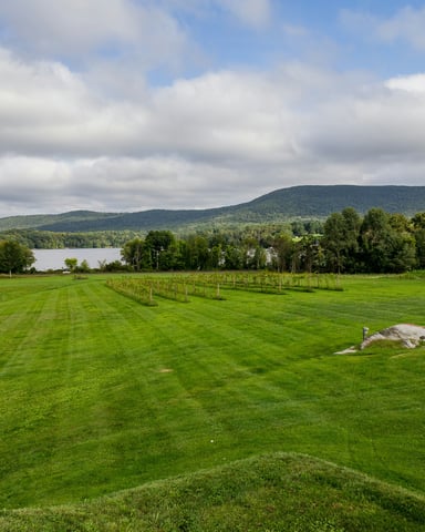 Wide green fairway with pond views under a cloudy sky