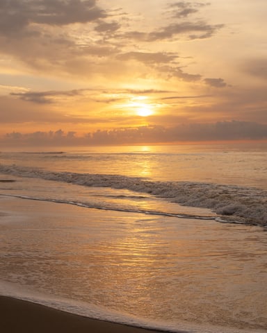 Warm golden sunrise over dark wet sand with soft breaking waves along the Cape Cod shore