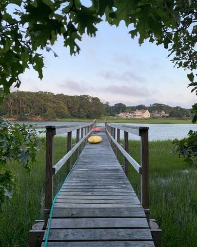 Wooden boardwalk extending into calm water with moored boats, framed by green foliage and overlooking distant houses and tree-lined shore