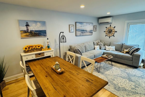 Nautical Cape Cod living room with rope accents and coastal decor