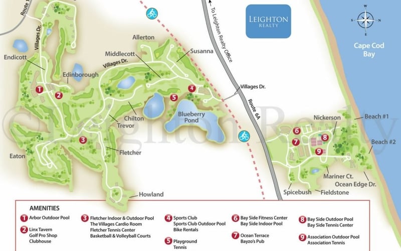 Site plan map of the Ocean Edge resort in Brewster, Cape Cod, showing each village and the resort amenities.
